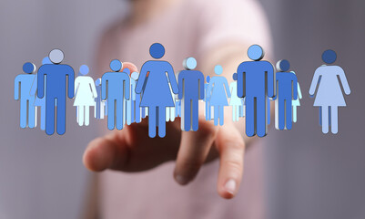 Image of a hand pointing at a group of digital human icons representing collaboration, community, and human resources. Emphasizing connections a