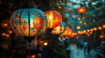 Obraz premium Chinese Painted Lanterns Street Background (Warm Light Spots + Crowd Scene) Vintage Cozy Decoration Design Background 