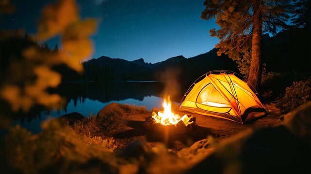 Glowing orange tent sits near serene lake with campfire at night, mountains, forest surround scene, starry sky above water reflect peaceful twilight camping adventure, warm fire gl