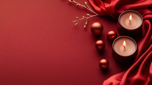 Elegant red setup with candles, decorative ornaments, and fabric for a cozy atmosphere
