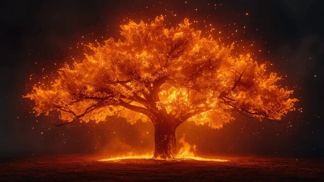 A majestic tree engulfed in vibrant orange flames and glowing embers on a dark field
