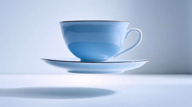 Elegant blue teacup and saucer with silver trim isolated on white background - Powered by Adobe