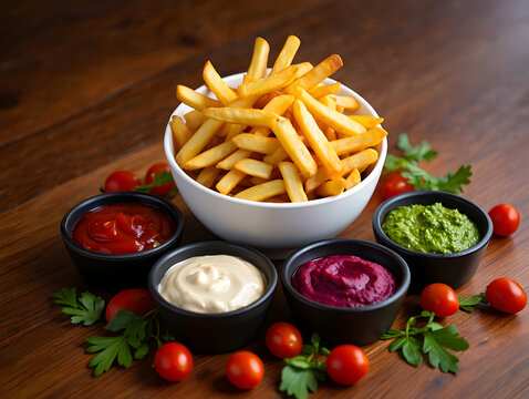 Crispy french fries with assorted dipping sauces and cherry tomatoes