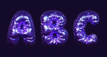 Inflatable purple metallic font letters A, B, and C in 3D rendering on a dark background