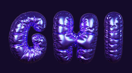 Inflatable purple metallic font letters G, H, and I in 3D rendering on a dark background