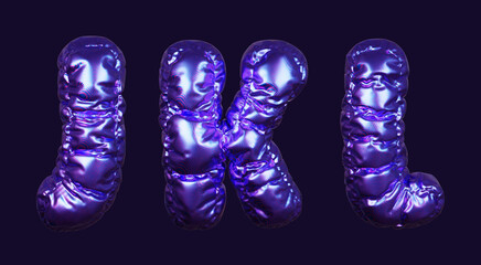 Inflatable purple metallic font letters J, K, and L in 3D rendering on a dark background