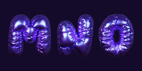Inflatable purple metallic font letters M, N, and O in 3D rendering on a dark background