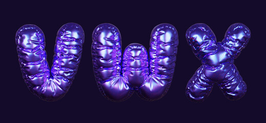 Inflatable purple metallic font letters V, W, and X in 3D rendering on a dark background