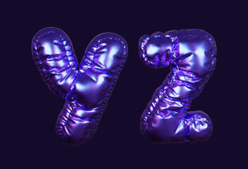 Inflatable purple metallic font letters Y and Z in 3D rendering on a dark background