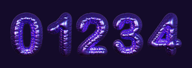 Inflatable purple metallic numbers 0, 1, 2, 3, 4. 3D rendering on a dark background