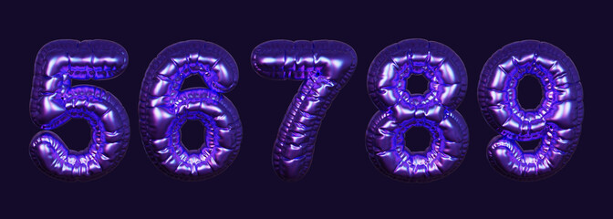 Inflatable purple metallic numbers 5, 6, 7, 8, 9. 3D rendering on a dark background