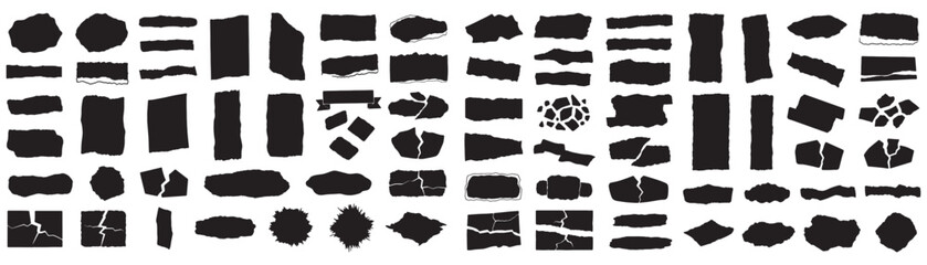 Black torn paper pieces, ripped and jagged edges for design elements and graphics
