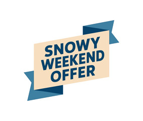 Flat vector banner design text Snowy Weekend Offer bold geometric font blue and beige palette ribbon folded shape