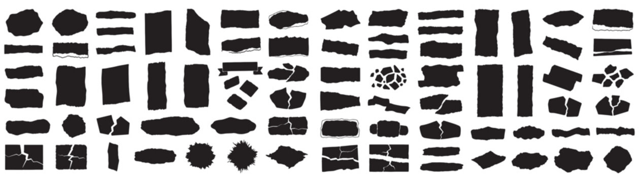 Black torn paper pieces, ripped and jagged edges for design elements and graphics