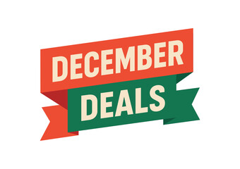 Flat vector banner design text December Deals bold geometric font red and green palette ribbon folded shape