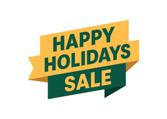 Flat vector banner design text Happy Holidays Sale bold geometric font gold and emerald palette ribbon folded shape
