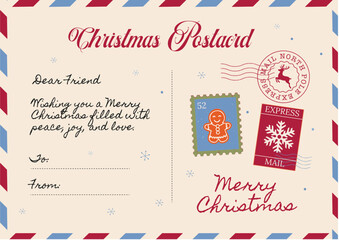 Vintage Christmas Postcard vector template with gingerbread man stamp, reindeer postmark, holiday greeting, and mail delivery border.