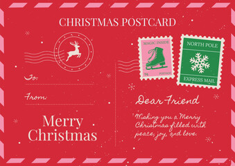 Retro Christmas Postcard vector template with reindeer postmark, ice skate and snowflake stamps, and a Merry Christmas greeting on red background.