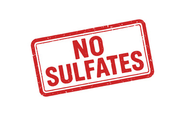 Red rubber stamp text NO SULFATES rectangular outline bold capital letters distressed texture rotation isolated on white background vector illustration clean minimal style