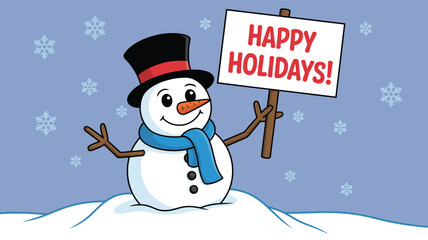  Snowman with top hat and scarf holding “Happy Holidays” sign on snowy hill, festive winter illustration with falling snowflakes