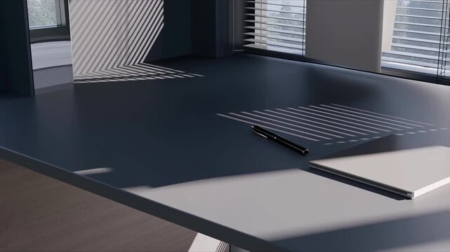 Minimalist desk workspace with pen and notebook illuminated by shifting striped sunlight shadows video footage