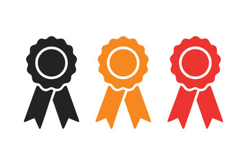 Three colorful award ribbons in black orange and red