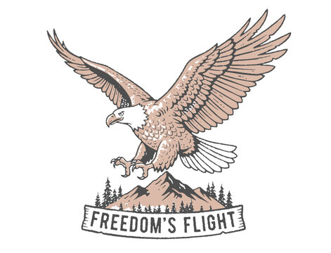 A vintage-style "American Eagle Society" emblem. Features a green bald eagle with wings spread, and text "Guardians of the Sky, Freedom Flis High.