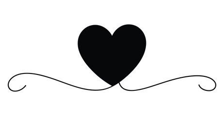 Black heart with symmetrical flourish design on white background, elegant romantic graphic for love, wedding, or decorative themes 