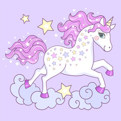 A charming white unicorn with a pink mane gallops through the clouds. Suitable for children's designs, including prints, posters, cards, stickers, puzzles, and more. Vector illustration.