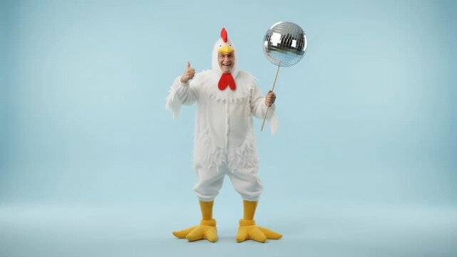 Amusing senior man wearing a fluffy chicken costume and holding a shiny disco ball while showing a thumbs up sign, cheerfully celebrating and having fun against a light blue background