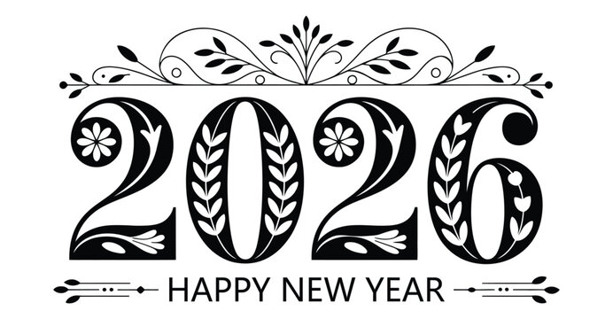 2026 Happy New Year greeting in ornate floral typography with decorative swirls and leaves, elegant black and white festive design 