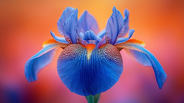 Detailed macro shot of an elegant blue iris flower with orange and brown accents, showcasing intricate patterns against a soft, vibrant bokeh background