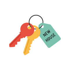 New house keys with colorful keychain and 'NEW HOUSE' tag in flat design for real estate, moving, and homeownership celebration
