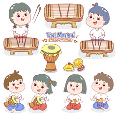 Kids playing traditional Thai musical instruments.