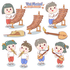 Kids playing traditional Thai musical instruments.