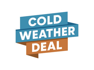 Flat vector banner design text Cold Weather Deal bold geometric font blue and brown palette ribbon folded shape