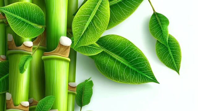 Hand drawn illustration of sugarcane stalks, leaves, realistic art style, multiple green stalks with segmented texture, long leaves, white background isolates plant, botanical, agr
