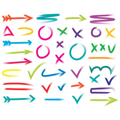 Colorful hand drawn arrows shapes and scribbles on a white background
