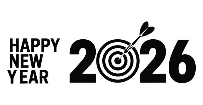  2026 New Year greeting with target and dart symbol, black and white design for goal setting, resolution, and celebration themes