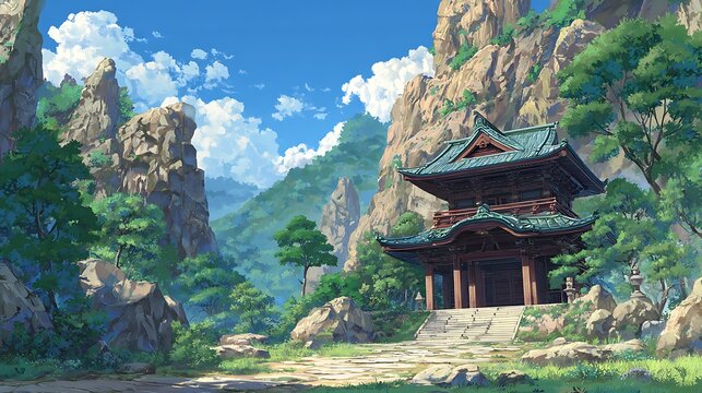 A beautiful temple nestled in the mountains with lush greenery around it - Powered by Adobe