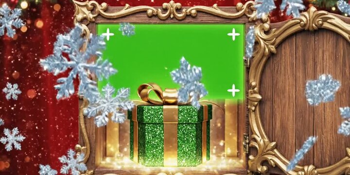 Witness magic Christmas advent calendar door opens red background revealing large 3D snowflakes Day designed present green screen message delightful 4K video graphic animation reveal festive holiday