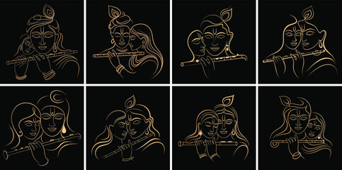 Lord Krishna and Radha playing flute line art collection