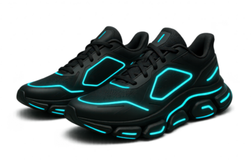 Futuristic black sneakers with blue neon lights isolated on transparent base