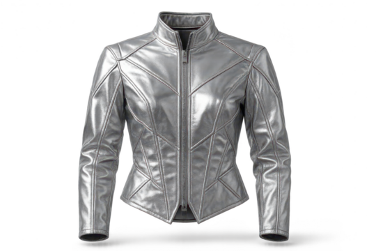 Silver futuristic leather jacket isolated on transparent background, sleek design - Powered by Adobe