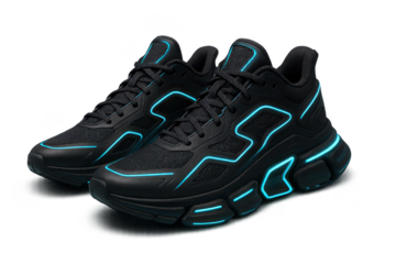 Futuristic black running shoes isolated on transparent background, neon accents