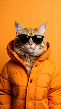 Maine Coon cat wearing black sunglasses and an orange puffer jacket against an orange background