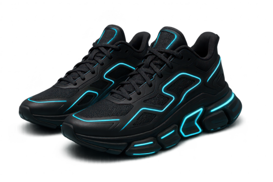 Futuristic black running shoes isolated on transparent background, neon accents