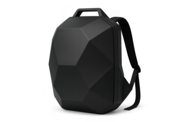 Modern black geometric backpack isolated on transparent background, stylish design