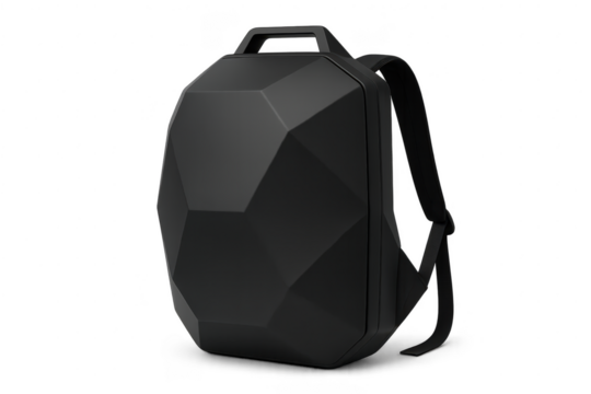 Modern black geometric backpack isolated on transparent background, stylish design