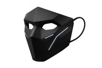 Futuristic black mask with glowing lines isolated on a transparent background.